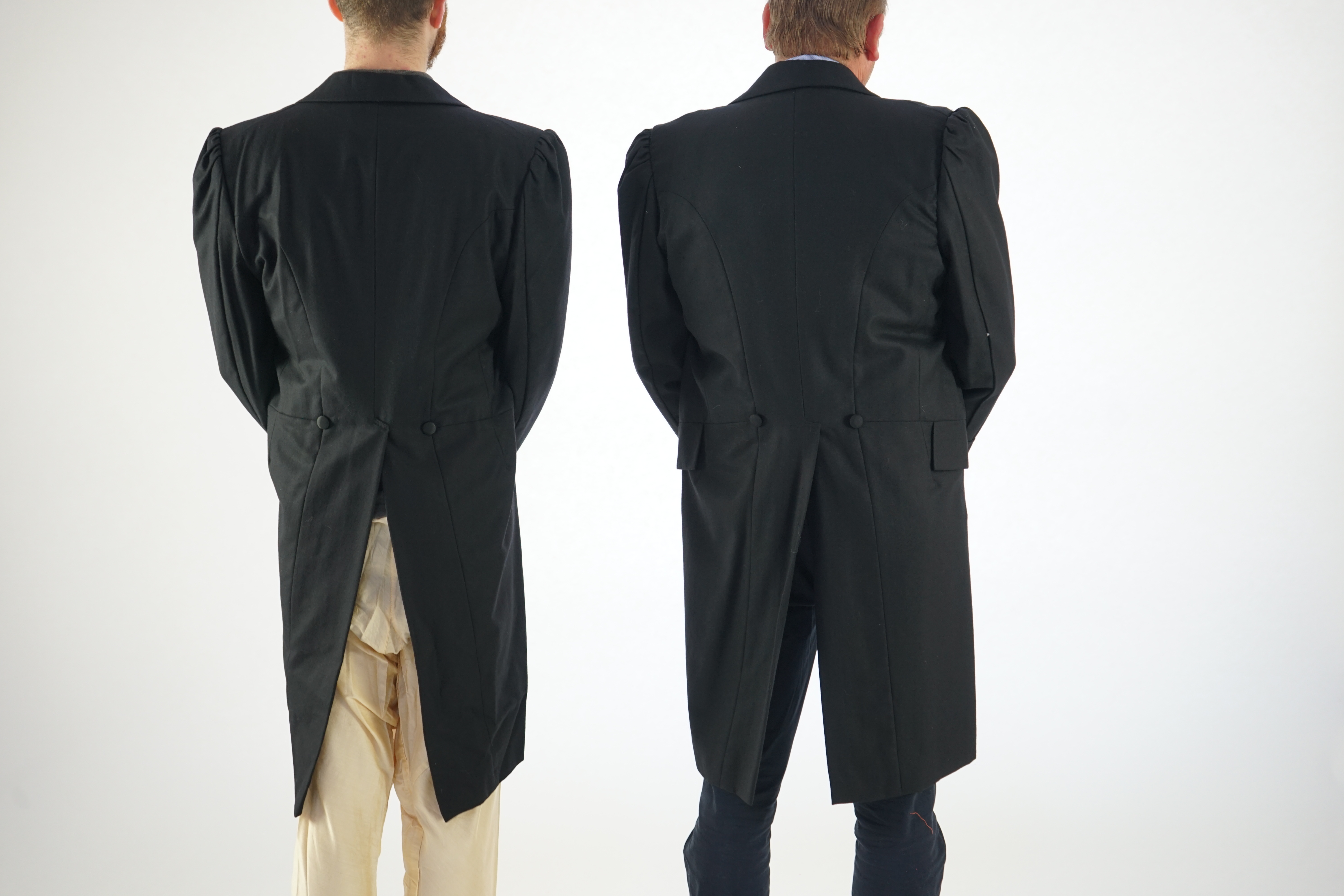 Two 19th century style gentleman's evening tail-suit jackets (large sizes). Ex London Festival Opera - 'La Traviata'